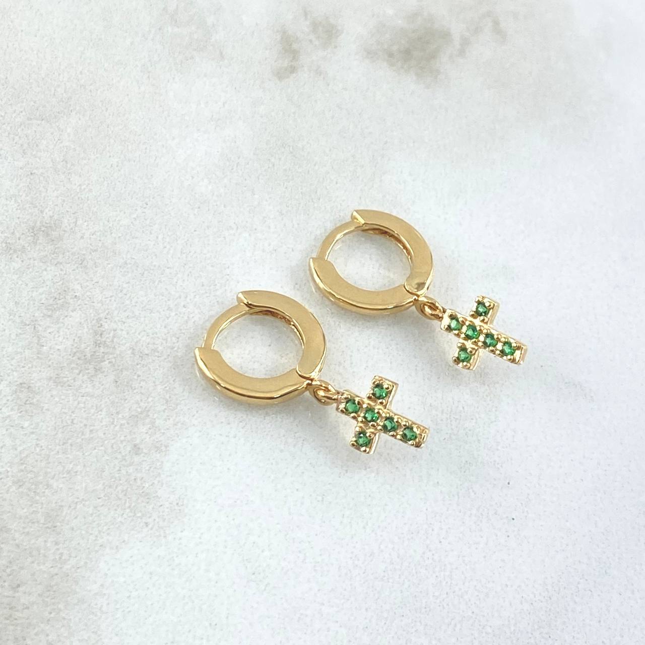Candongas Cruz 2.65gr / 2.2cm / Circones Verdes Oro Amarillo 18K