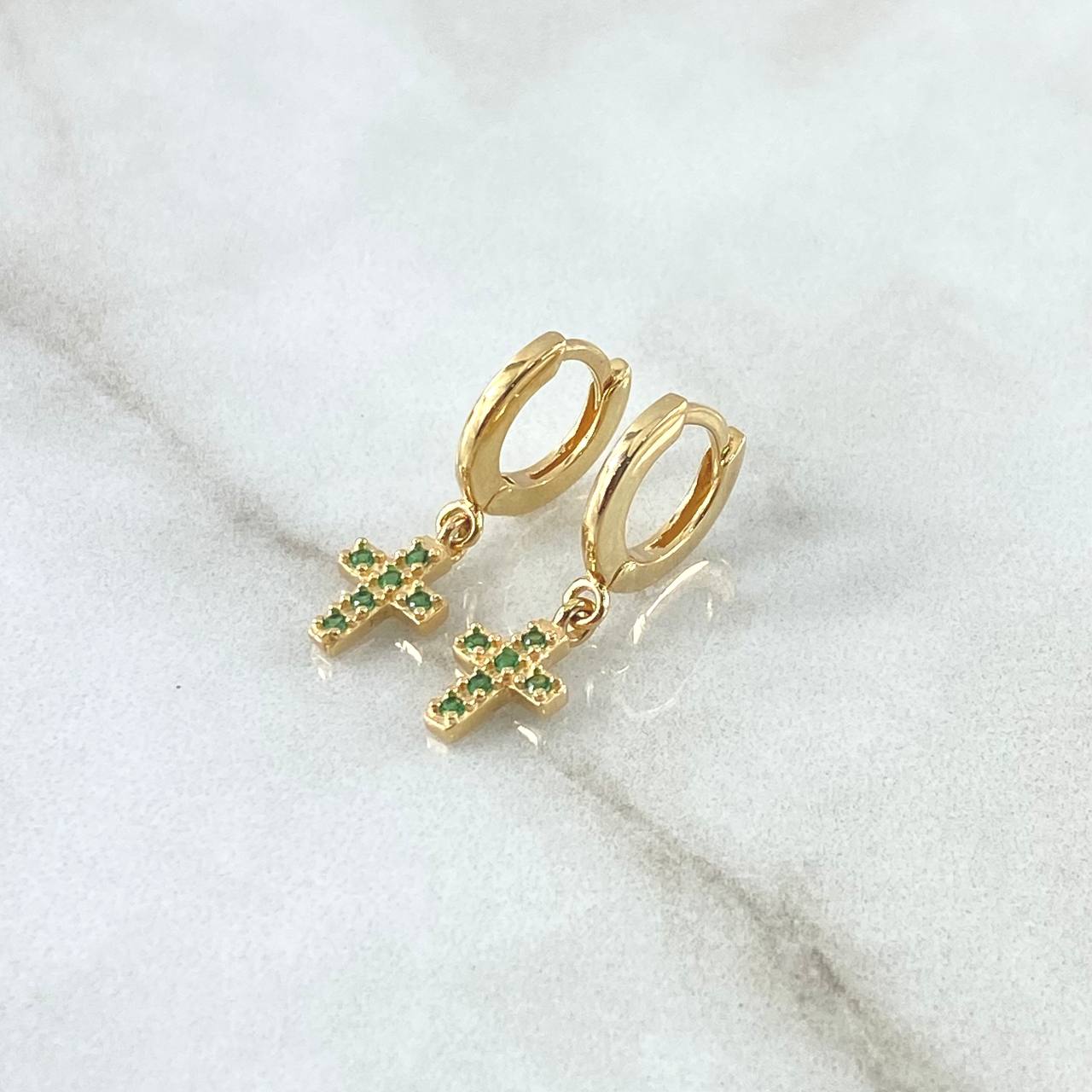 Candongas Cruz 2.65gr / 2.2cm / Circones Verdes Oro Amarillo 18K