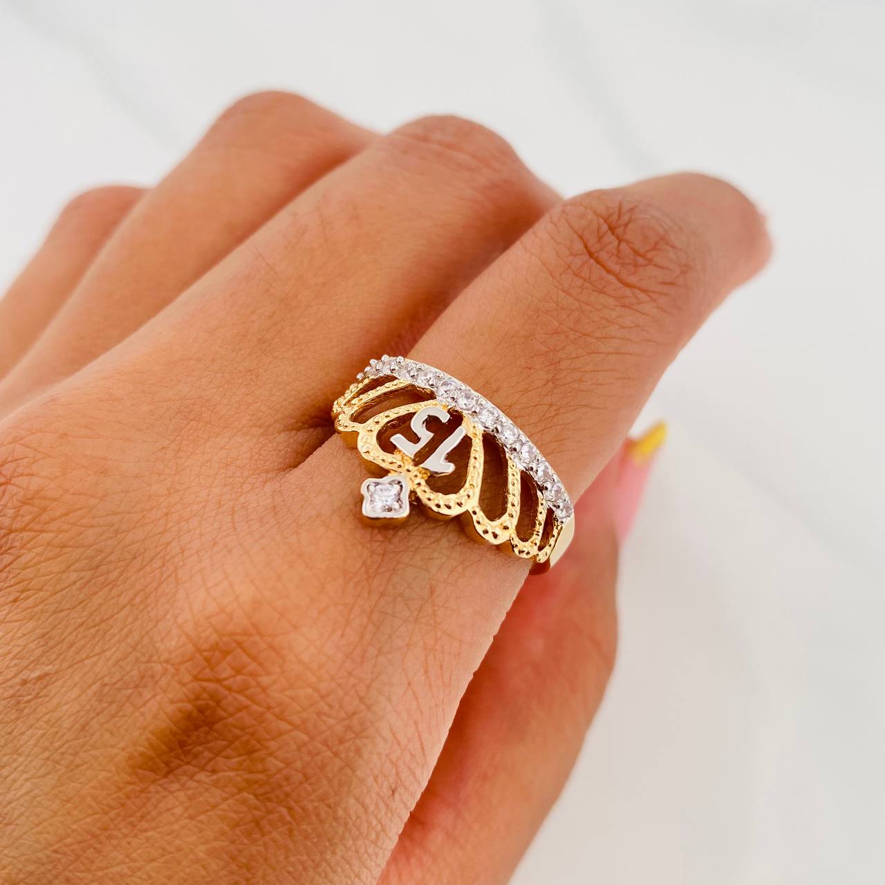 Anillo Corona 15S 3.45 g / T7 1/2 Dos Oros Amarillo Blanco 18K