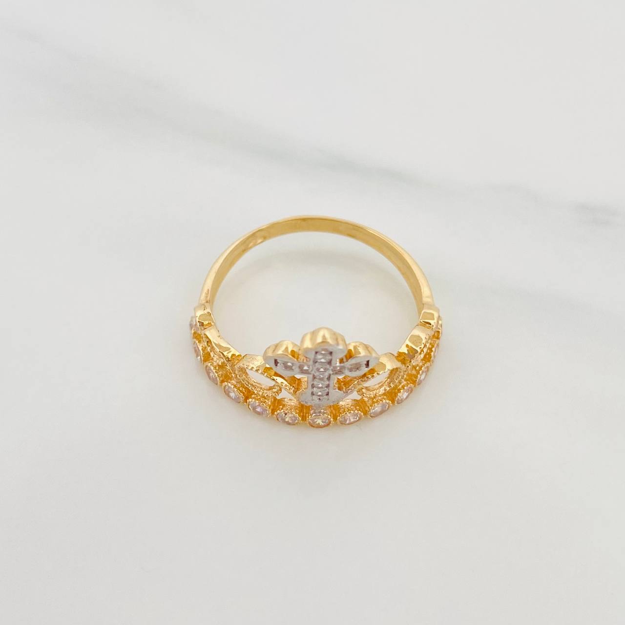 Anillo Corona Cruz 2.3 g / T6 1/2 Dos Oros Amarillo Blanco 18K