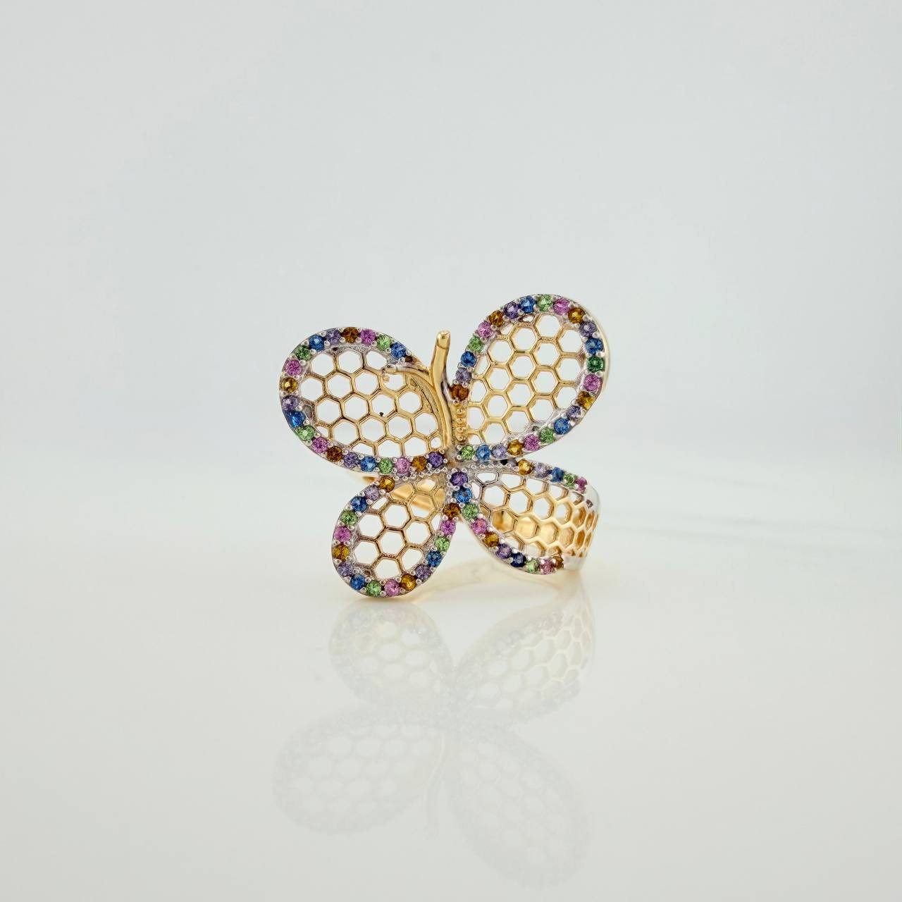 Anillo Mariposa Malla Exagonal 4.45gr / T6 1/2 / Dos Oros Amarillo Blanco 18K $