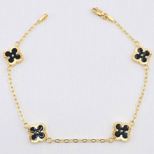 Pulso Aro Seguido Trebol Negro 3.3gr / 19cm / 9.9mm Oro Amarillo 18K *