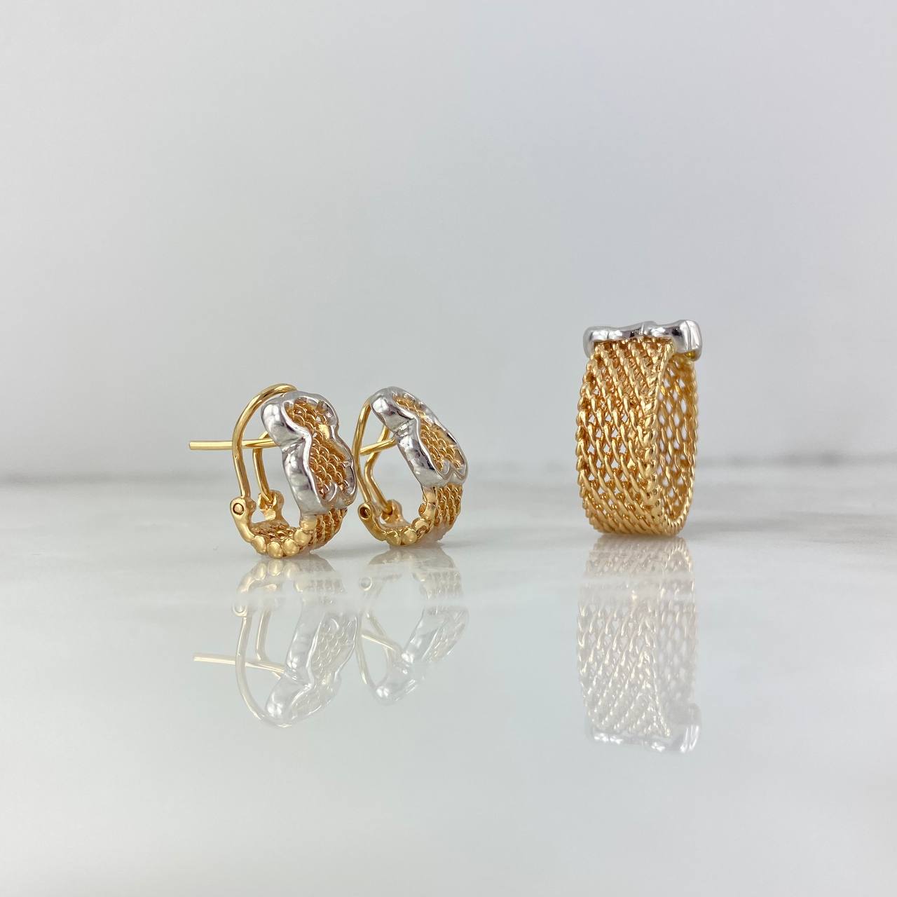 Set Malla Oso TS 12.65gr Anillo / T6 3/4 + Candongas / 1.5cm Dos Oro Rosa Blanco (A.C) ©