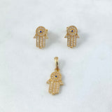 Set Mano Hamsa 3.5gr Dije / 2.2cm + Topos Circones Blancos Azul Oro Amarillo (A.C)