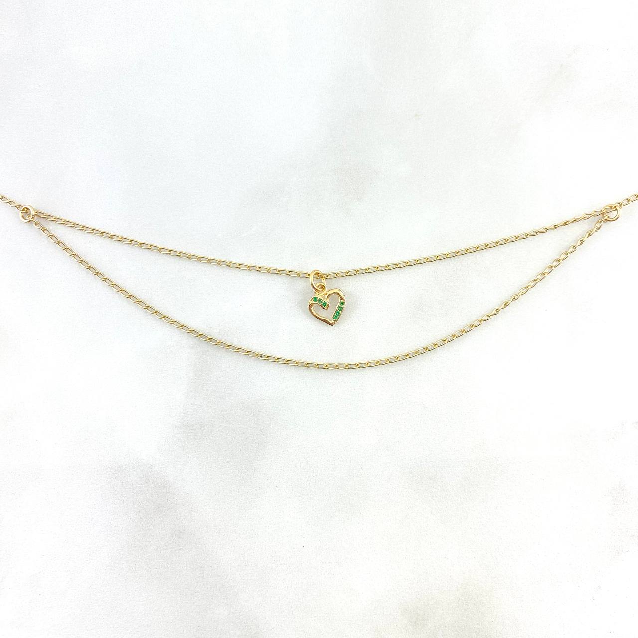 Tobillera Espiga 3.4gr / 25.5cm / 1.5mm Doble Cadena "Corazon" Circones Verdes Oro Amarillo