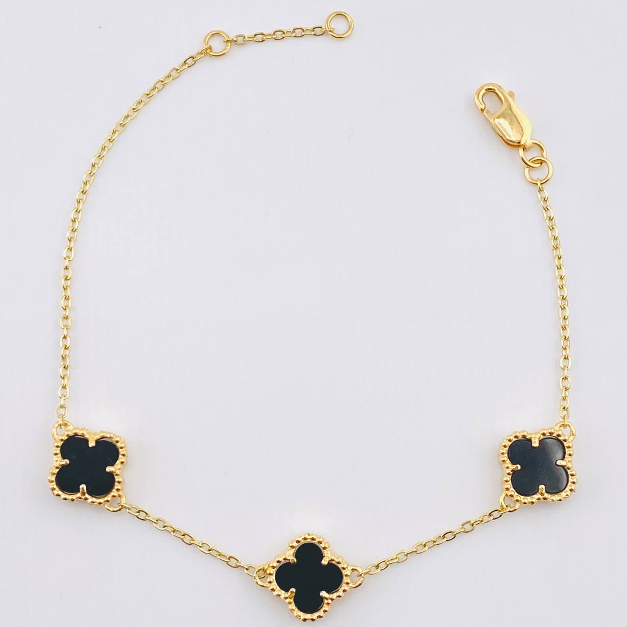 Pulso Aro Seguido Trebol Negro  4.85gr / 16.5cm-19cm / 9.2mm Oro Amarillo 18K