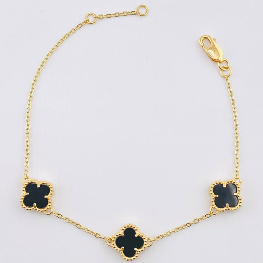 Pulso Aro Seguido Trebol Negro  4.85gr / 16.5cm-19cm / 9.2mm Oro Amarillo 18K