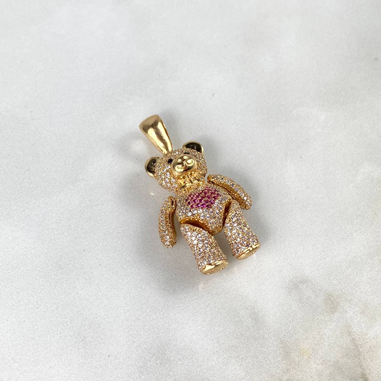 Dije Oso Articulado 10.85gr / 3.7cm Corazón Circones Blancos Fucsias Negros Oro Amarillo