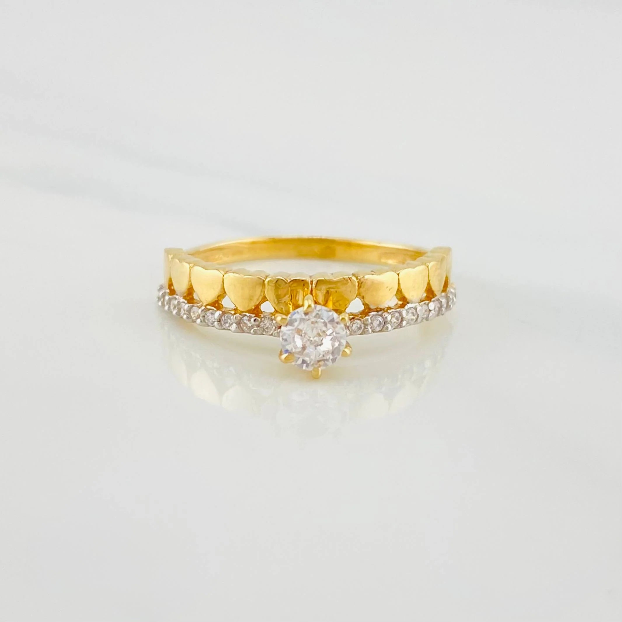 Anillo Solitario Corazones 2.35g / T6 Dos Oros Amarillo Blanco 18K