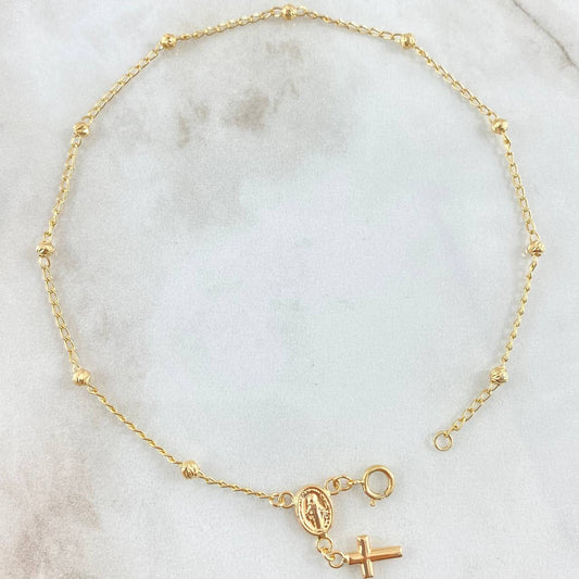 Tobillera Denario Virgen Milagrosa Crúz 2.65gr / 24cm / Oro Amarillo 18K