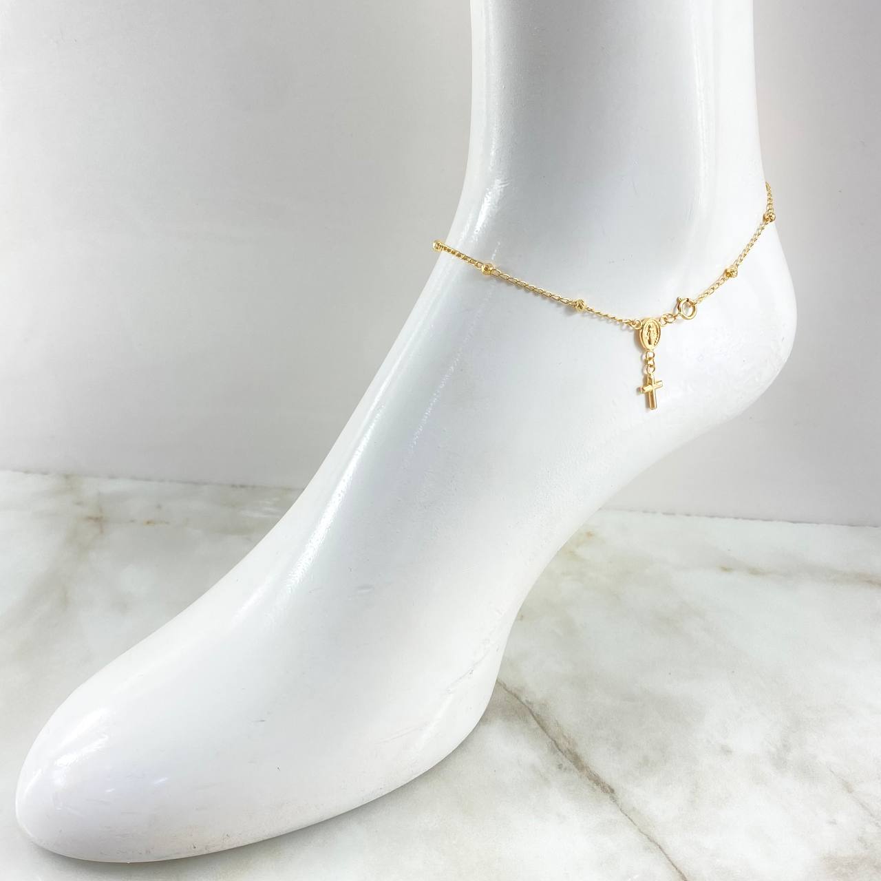 Tobillera Denario Virgen Milagrosa Crúz 2.7gr / 24cm / Oro Amarillo 18K