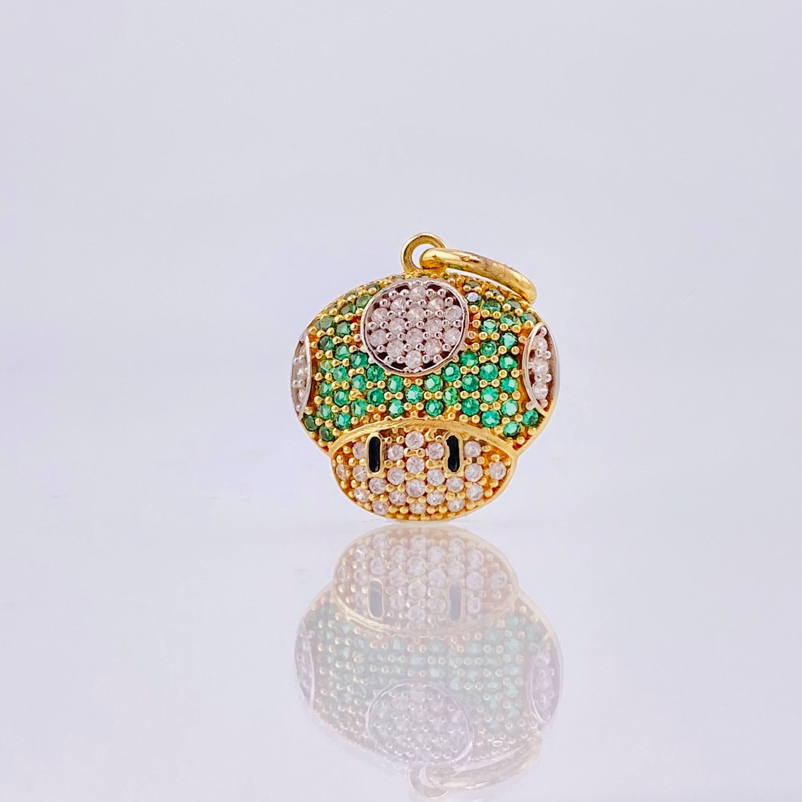 Dije Hongo Animado 2.3gr / 2cm / Circones Blancos Verdes Oro Amarillo 18K