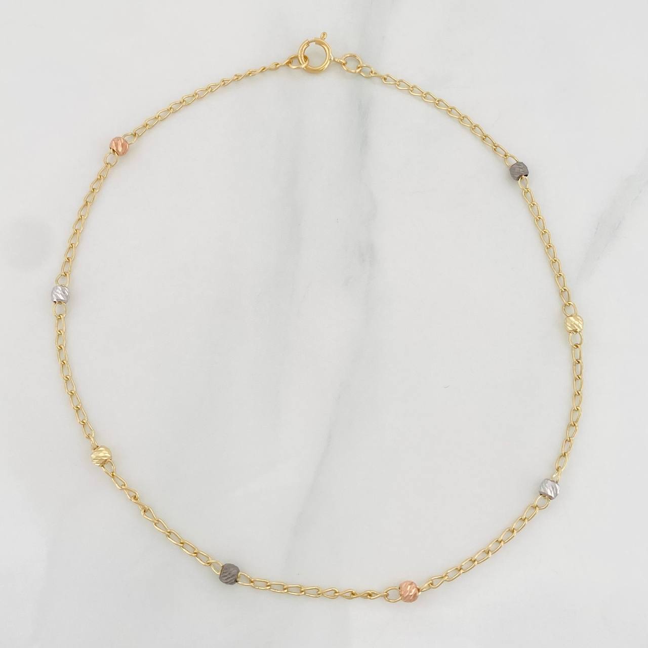 Tobillera Aro Seguido Bolas Diamantadas 1.75g / 25cm / 1.18mm Tres Oros 18K