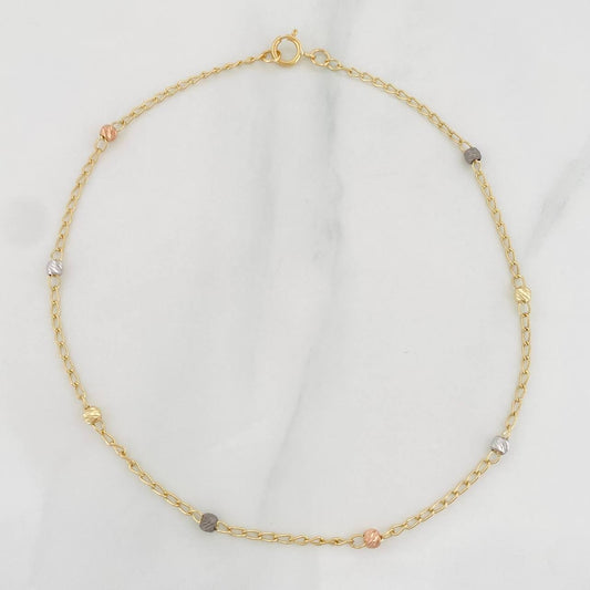 Tobillera Aro Seguido Bolas Diamantadas 1.75g / 25cm / 1.18mm Tres Oros 18K