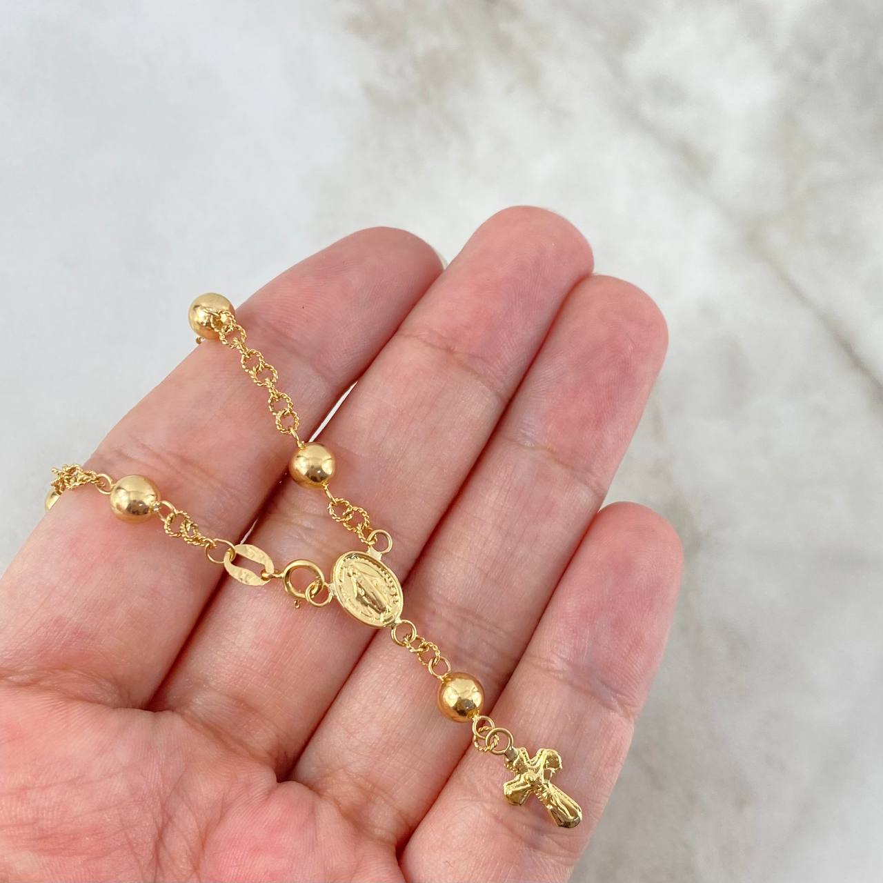 Tobillera Denario Virgen Milagrosa 4.2gr / 25.5cm / 5mm Bolas Lisas Oro Amarillo