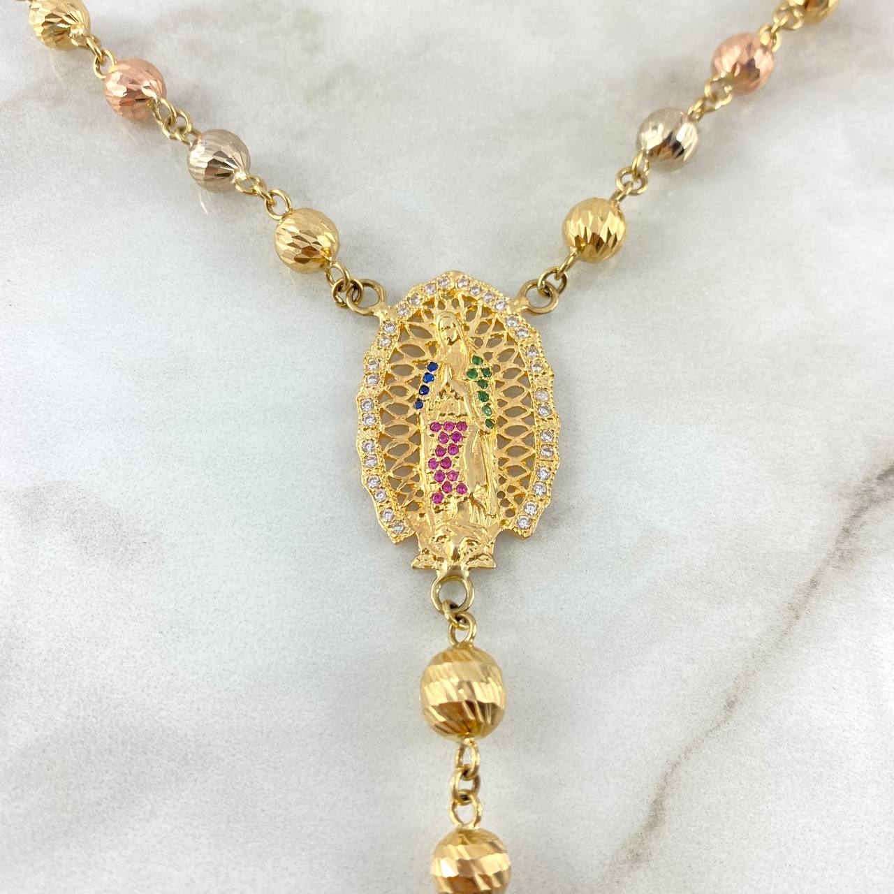 Rosario Virgen de Guadalupe 29.8gr / 70cm / 6-7mm Bolas Diamantadas Circones Blancos Fucsias Verdes Azules Tres Oros