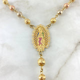 Rosario Virgen de Guadalupe 29.8gr / 70cm / 6-7mm Bolas Diamantadas Circones Blancos Fucsias Verdes Azules Tres Oros