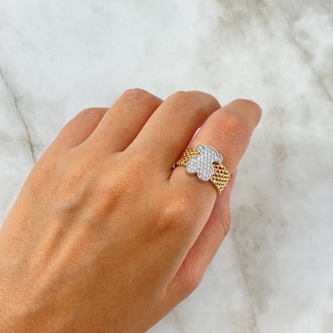 Anillo Oso Malla 7.7gr / T6 3/4 / Circones Blancos Dos Oros Blanco Rosa