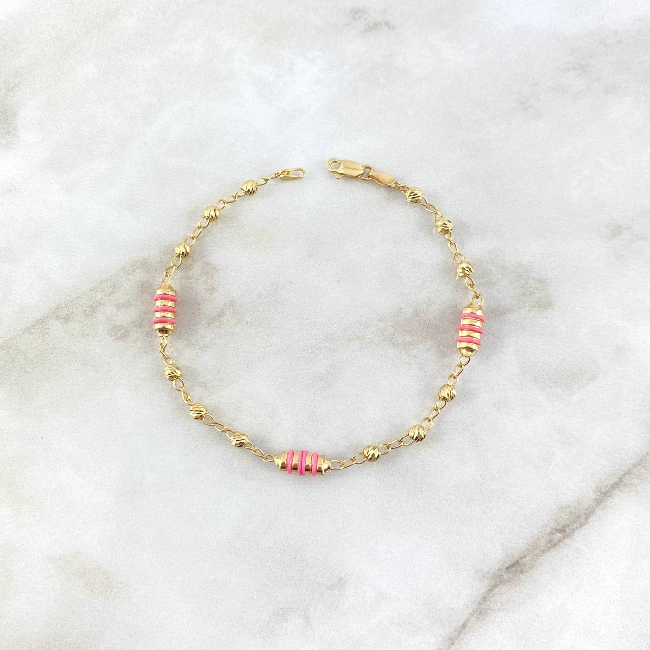 Pulso Rustica Militar 2.85gr / 17.5cm / 4mm-3mm Cauchos Rosa Bolas Diamantadas Oro Amarillo ©