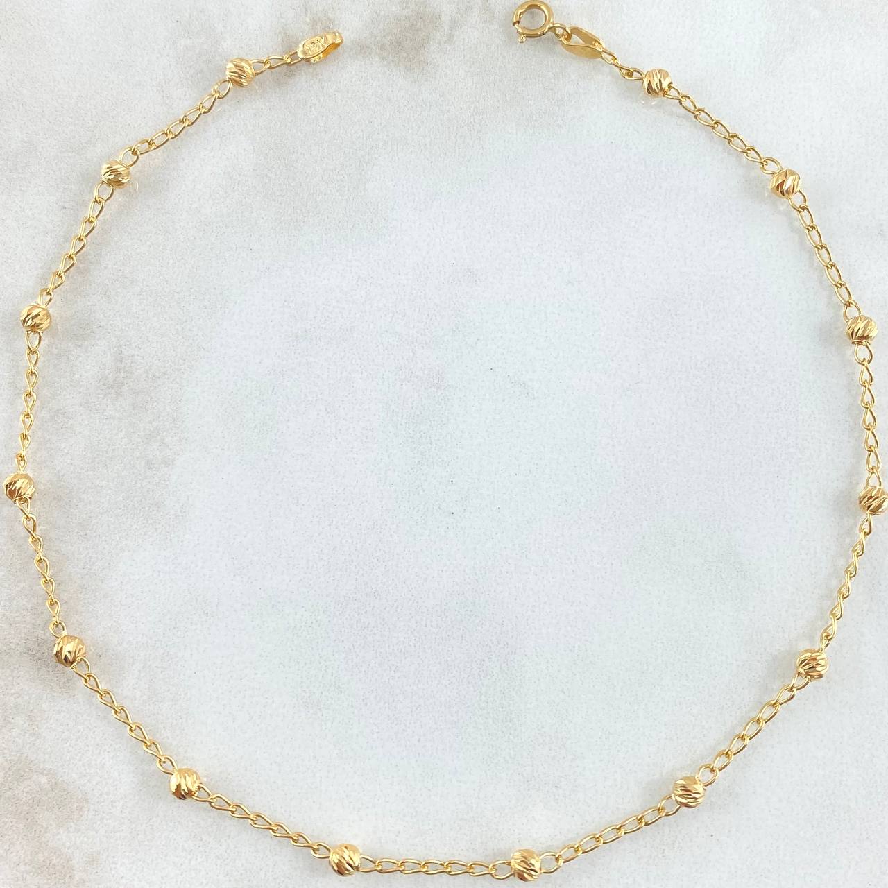 Tobillera Espiga Militar 2.35gr / 25cm / 3mm Bolas Diamantadas Oro Amarillo 18K