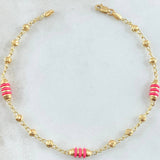 Pulso Espiga Tipo Militar 2.8gr / 18.5cm / 3mm Bolas Diamantadas Cauchos Fucsias Oro Amarillo 18K