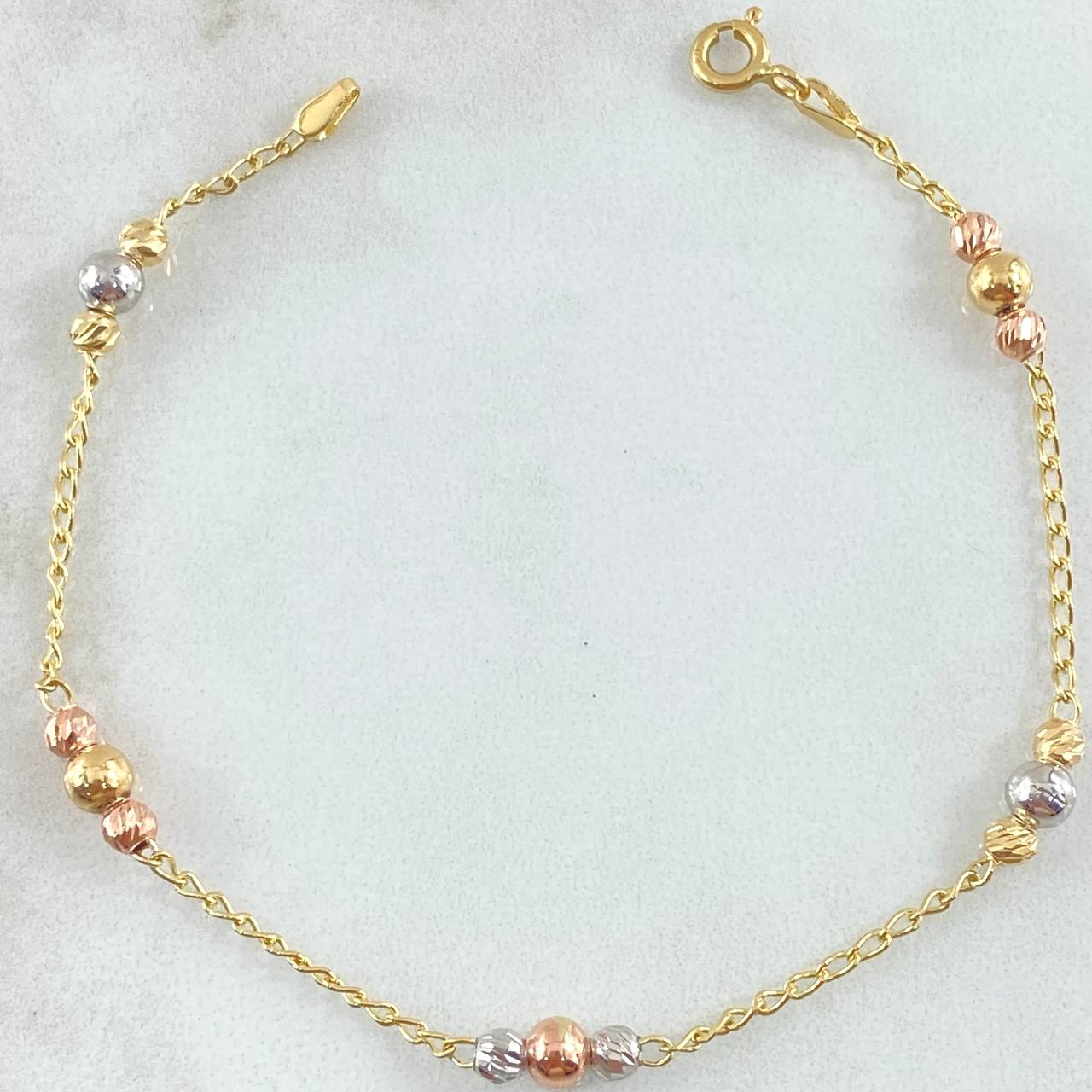 Pulso Espiga Militar 2.55gr / 18cm / 3mm-4mm Bolas Lisas - Diamantadas Tres Oros 18K