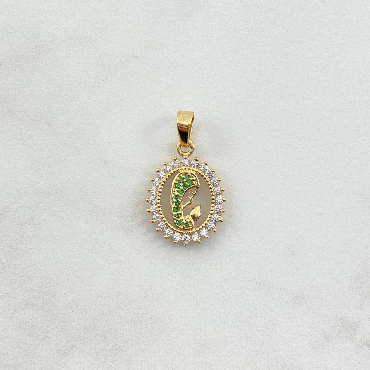 Dije Virgen María 1.75gr / 2.5cm / Circulo Circones Blancos Verdes Oro Amarillo ©