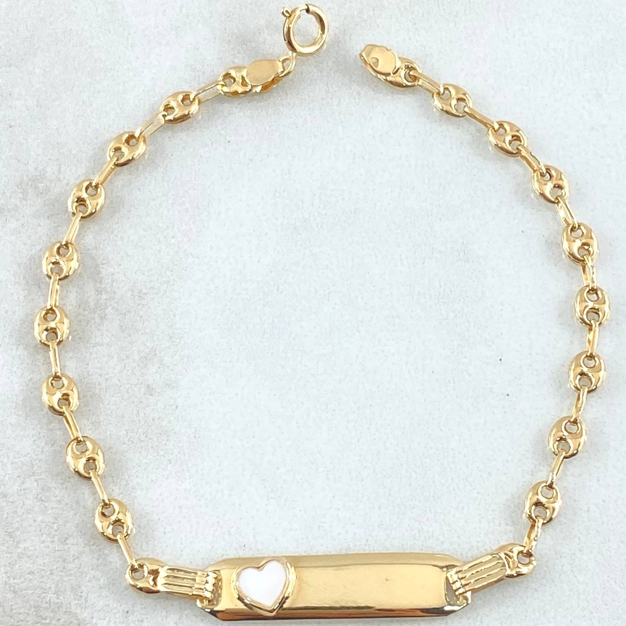 Pulso Bebé GC Placa Rectangular Corazón 2gr / 15cm / 3.1mm Resina Blanca Oro Amarillo 18K