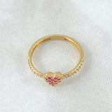 Anillo Churumbela Parcial Corazón Tupido 1.75gr / T6 3/4 / Circones Blancos Fucsias Oro Amarillo 18K