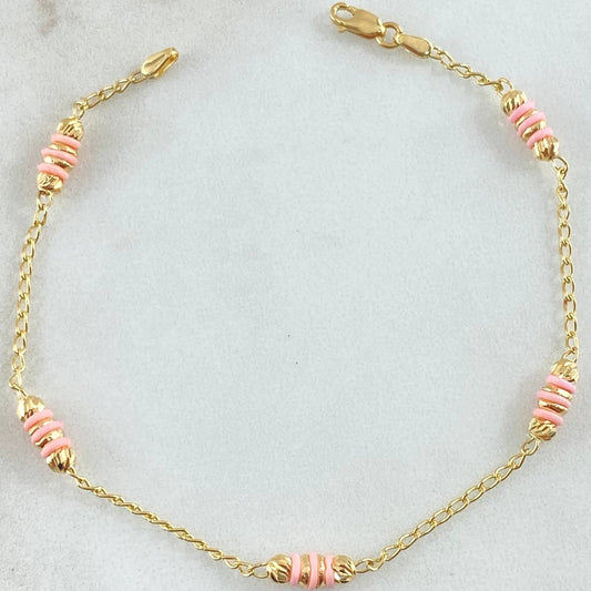 Pulso Espiga Bolas Emuladoras 2.5gr / 18.5cm / 3mm Diamantadas Cauchos Rosados Oro Amarillo 18K *