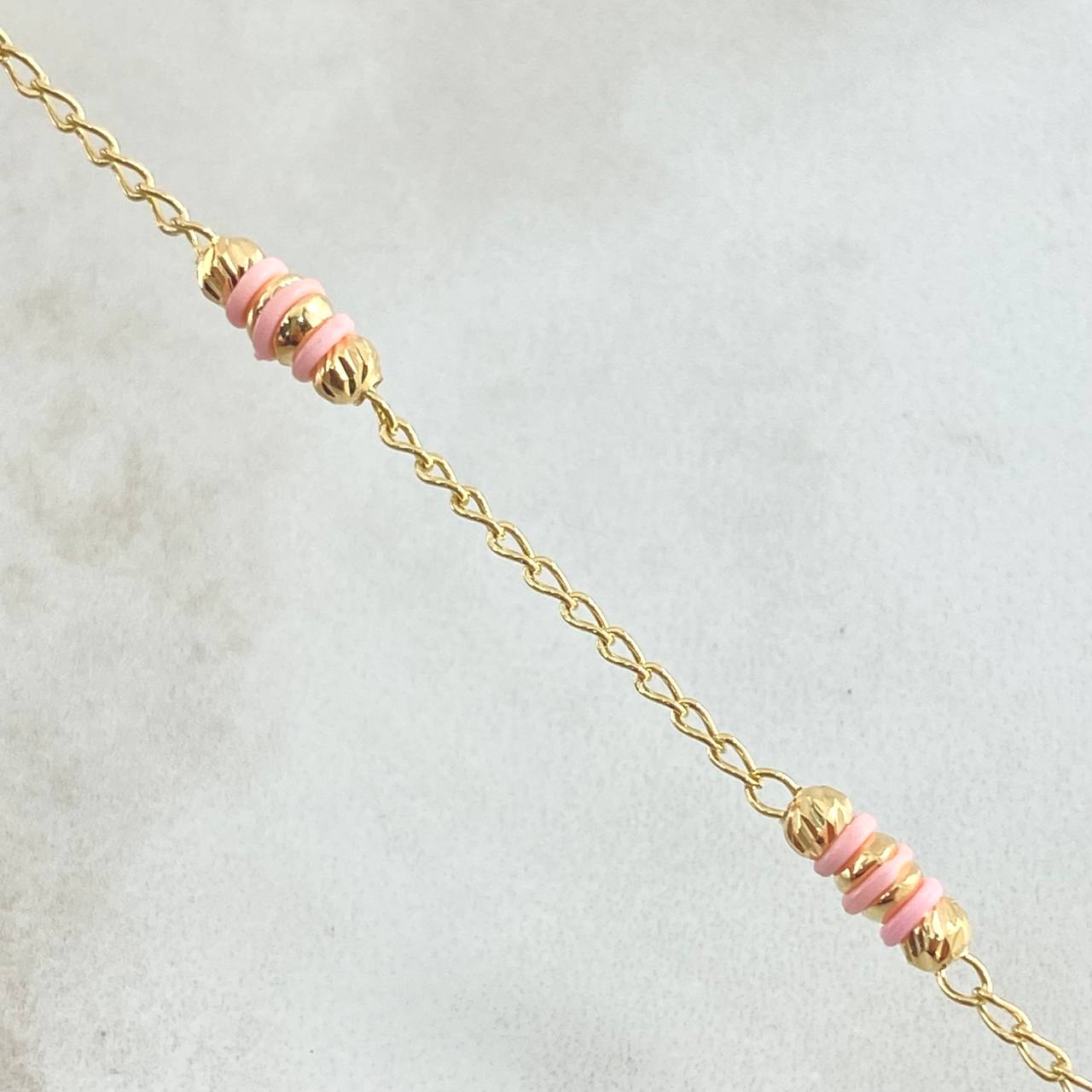 Pulso Espiga Bolas Emuladoras 2.5gr / 18.5cm / 3mm Diamantadas Cauchos Rosados Oro Amarillo 18K *