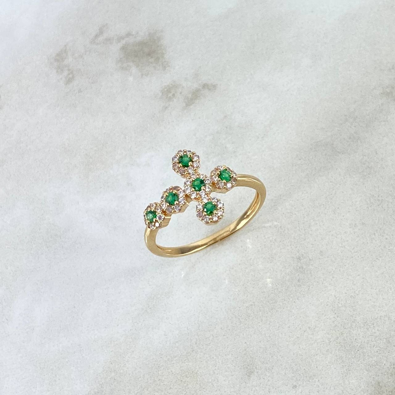 Anillo Cruz Tupida 2.35gr / T6 3/4 / Circones Blancos Verdes Oro Amarillo *