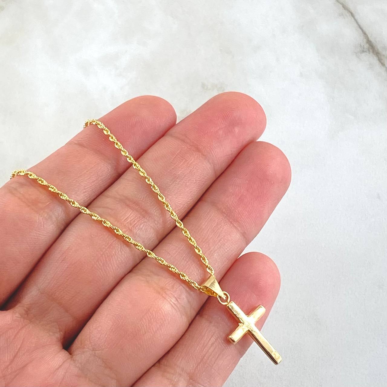 Set Cadena Lazo 1.15gr / 60cm / 1.2mm + Dije Crúz Lisa 0.5gr / 2.3cm / 1.65gr Oro Amarillo 18K (Oferta)