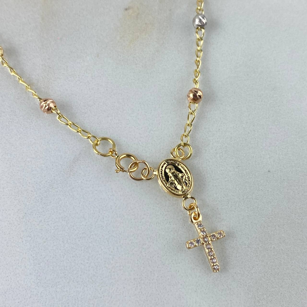 Pulso Denario Virgen Milagrosa 2.65gr / 18.5cm / 3mm Bolas Diamantadas Circones Blancos Tres Oros