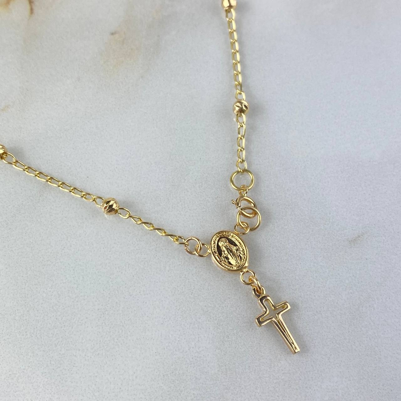 Tobillera Denario Virgen Milagrosa 3.1gr / 25.5cm / 3mm Bolas Diamantadas Cruz Latina Basteada Oro Amarillo
