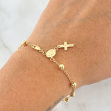 Pulso Denario Virgen Milagrosa Cruz Lisa 3.15gr / 19cm / 4mm Bolas Diamantadas Oro Amarillo 18K