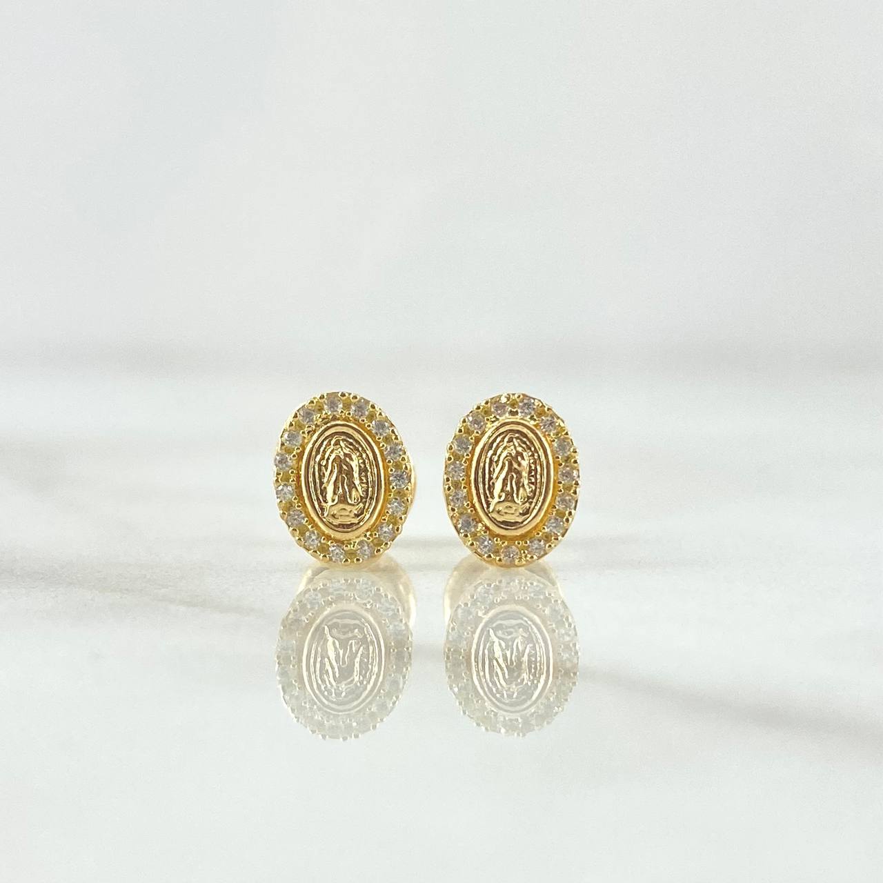 Topos Virgen Guadalupe Ovalo 0.9gr / 8mm Circones Blancos Oro Amarillo 18K *