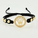 Pulsera Tejida Negra Circulo Corona Bolas Diamantadas Oro Amarillo 18K