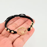Pulsera Tejida Negra Circulo Corona Bolas Diamantadas Oro Amarillo 18K