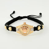 Pulsera Tejida Negra Correa Corona Bolas Diamantadas Oro Amarillo 18K