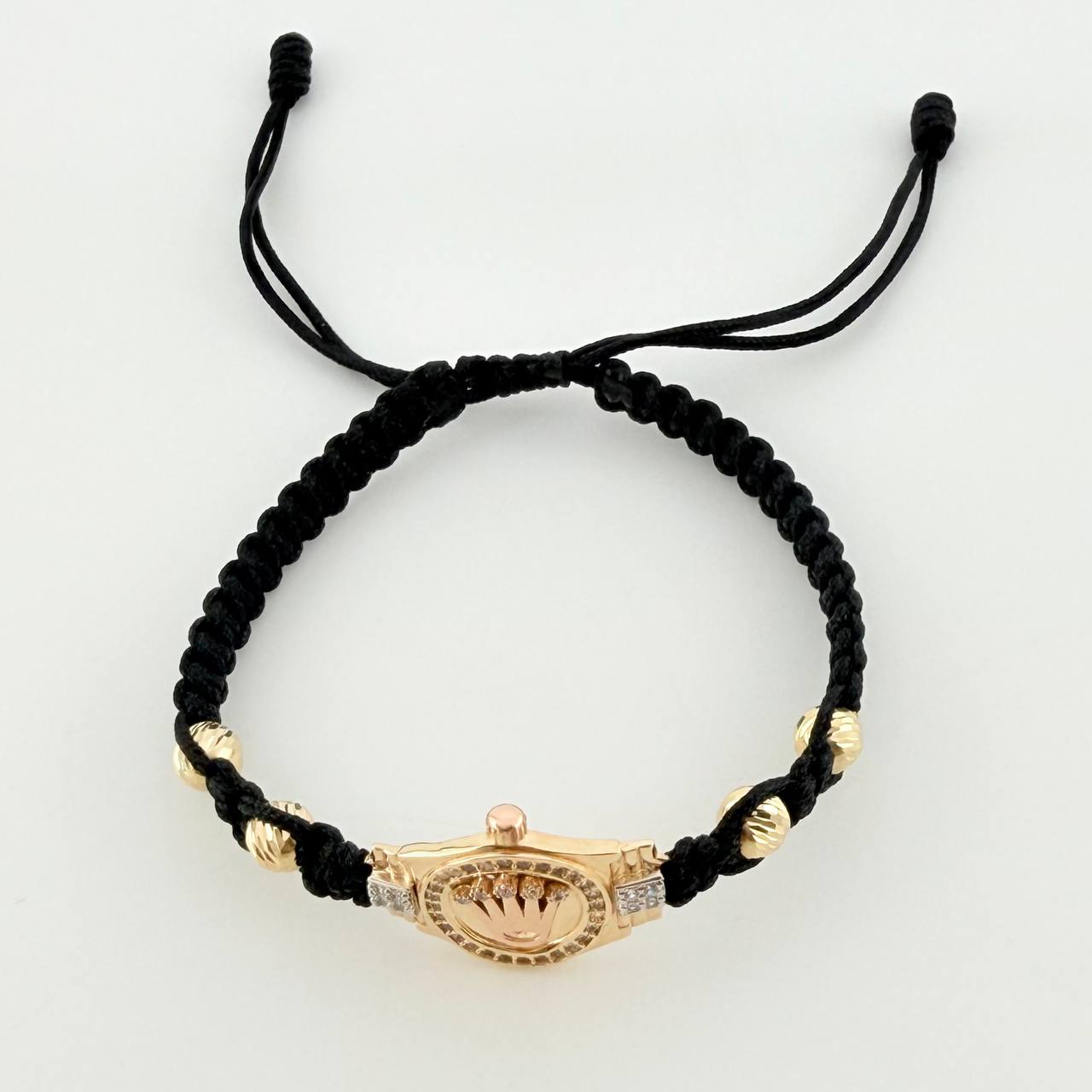 Pulsera Tejida Negra Correa Corona Bolas Diamantadas Oro Amarillo 18K