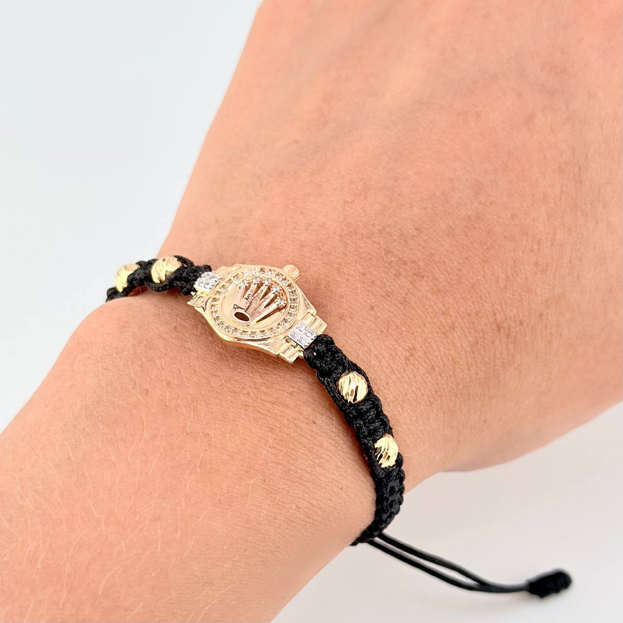 Pulsera Tejida Negra Correa Corona Bolas Diamantadas Oro Amarillo 18K