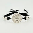 Pulsera Tejida Negra Circulo Corona Bolas Diamantadas Oro Blanco 18K