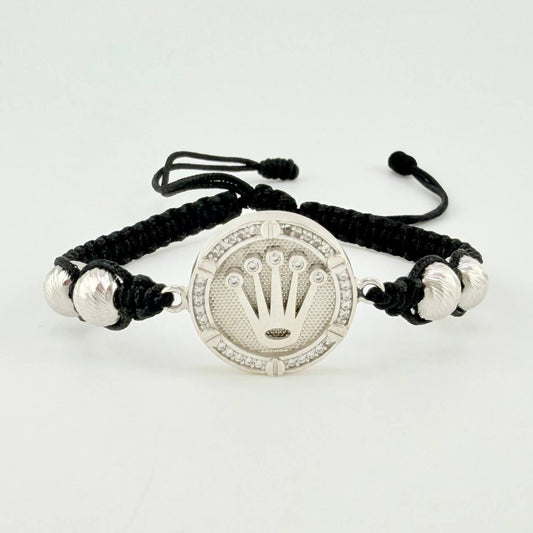 Pulsera Tejida Negra Circulo Corona Bolas Diamantadas Oro Blanco 18K