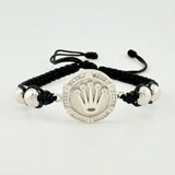 Pulsera Tejida Negra Circulo Corona Bolas Diamantadas Oro Blanco 18K