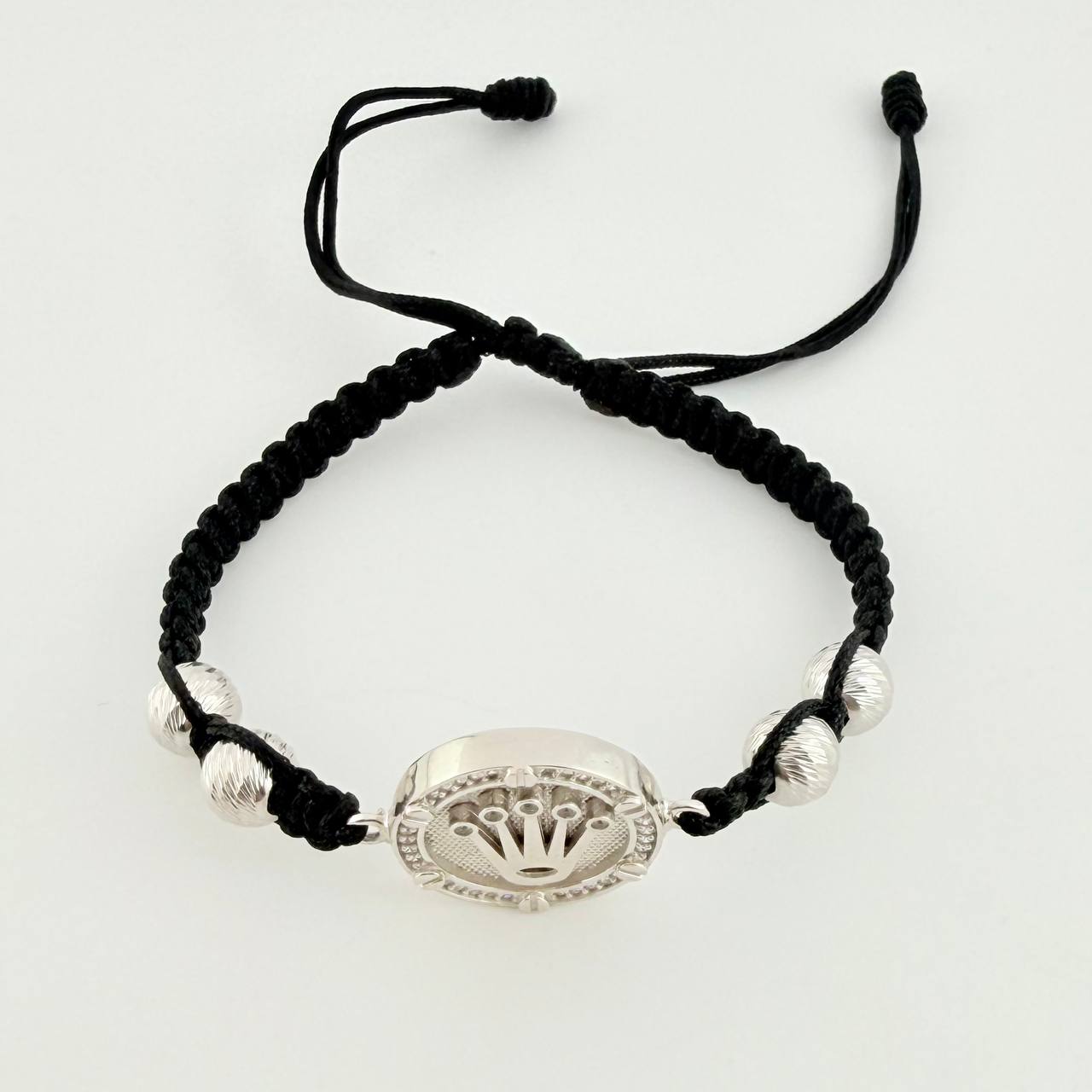 Pulsera Tejida Negra Circulo Corona Bolas Diamantadas Oro Blanco 18K