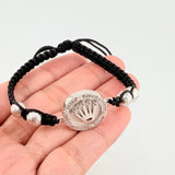 Pulsera Tejida Negra Circulo Corona Bolas Diamantadas Oro Blanco 18K
