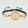 Pulsera Tejida Verde Circulo Corona Bolas Diamantadas Oro Rosa 18K