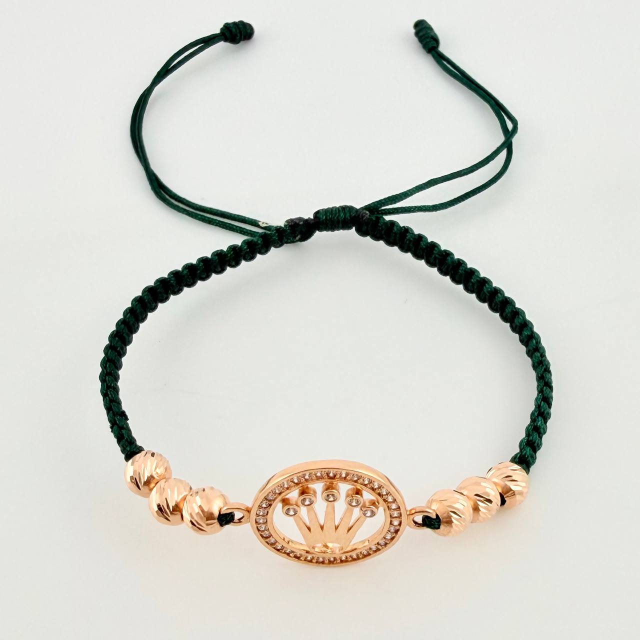 Pulsera Tejida Verde Circulo Corona Bolas Diamantadas Oro Rosa 18K
