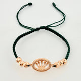 Pulsera Tejida Verde Circulo Corona Bolas Diamantadas Oro Rosa 18K